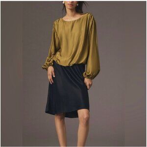 Anthropologie Balloon Sleeve Bubble Hem Silky Olive Green Blouse Size L